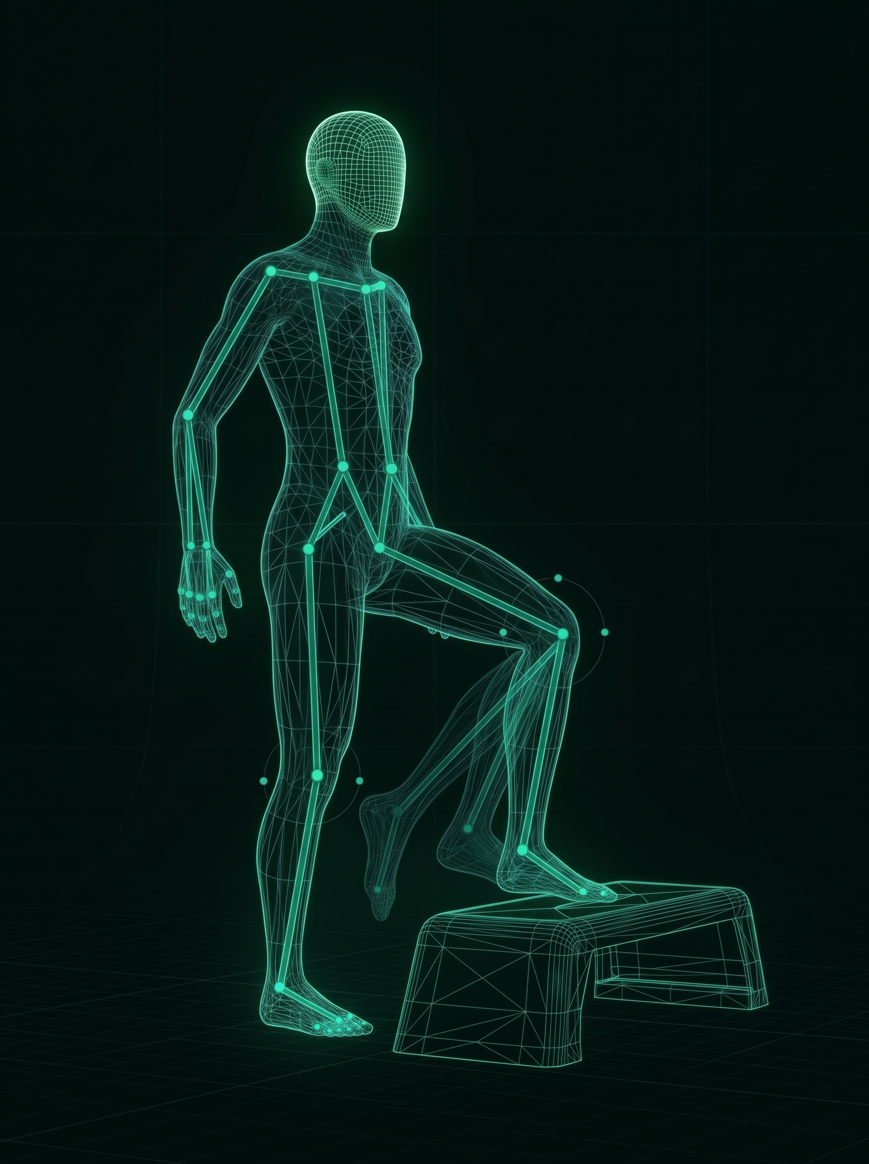 Wireframe figure stepping onto a low platform with movement points marked at the joints