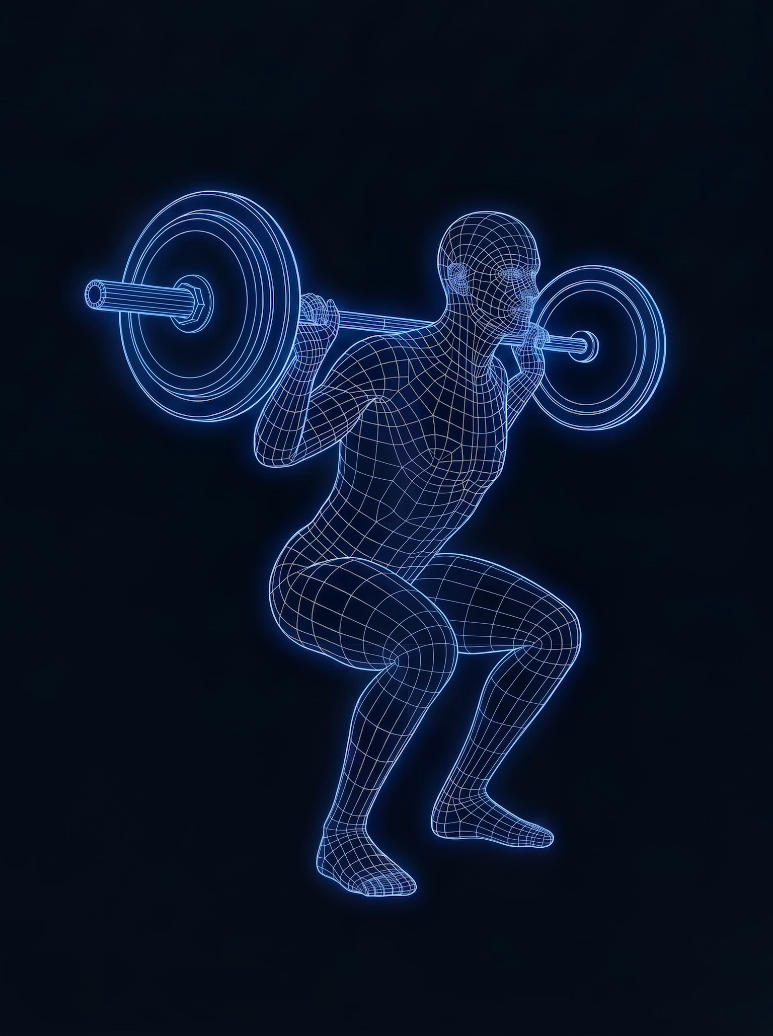 Wireframe athlete holding a barbell at the bottom of a squat