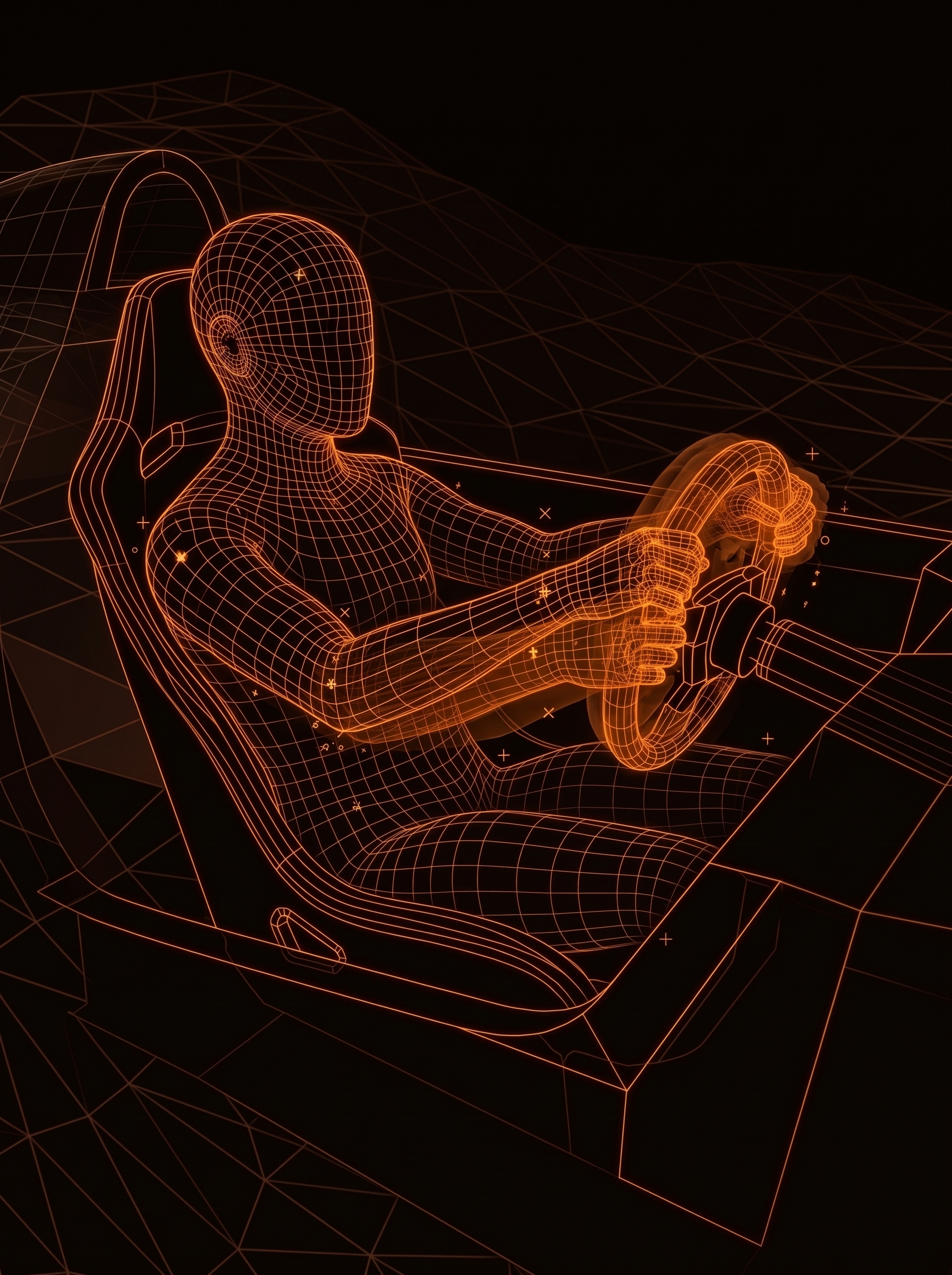 Wireframe driver holding a steering wheel inside a motorsport cockpit